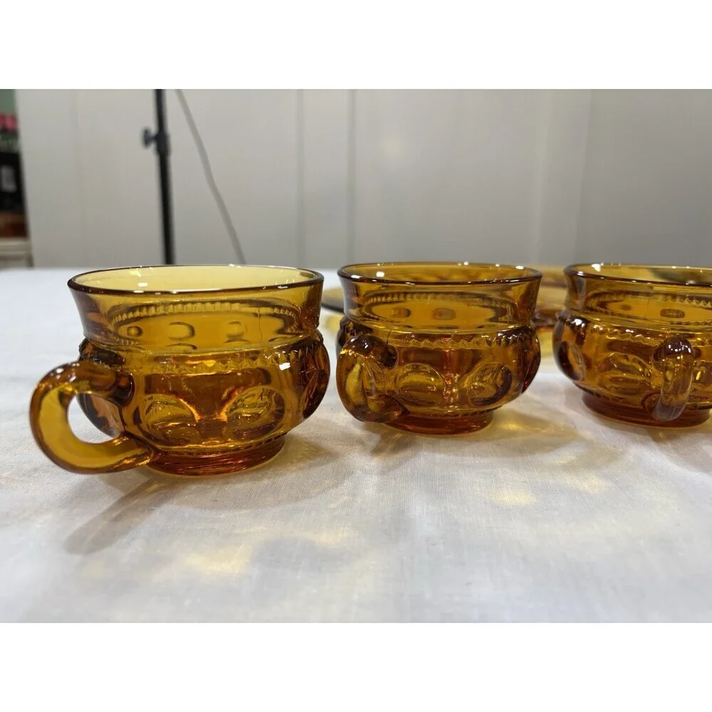 Vintage Indiana Glass Kings Crown Thumbprint Amber Snack Set 6 Plates 6Cups